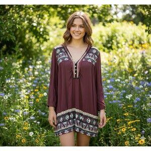 Bandolino Joelle Tunic Dress Womens Size Large Maroon Top Boho Floral Rayon Art